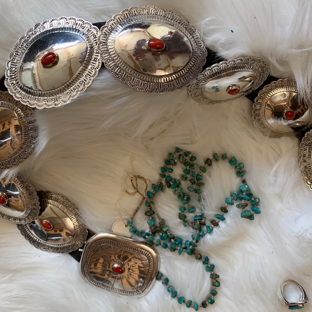 Vintage Native American coral/sterling Concho belt